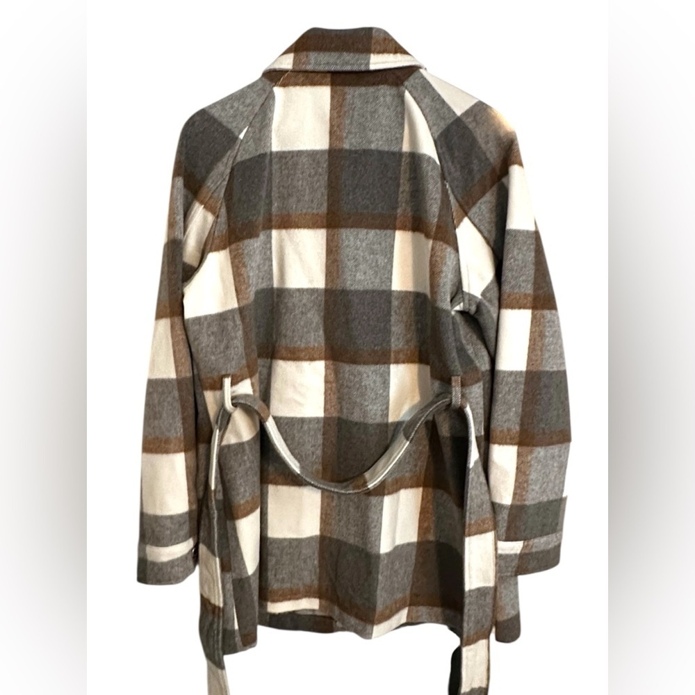 🔆 Calvin Klein Plaid Gray and Cream Trench Coat with Belt - Medium NWOT - Picture 3 of 16